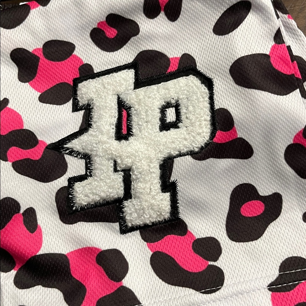 Inaka Power Pink Leopard Print Drawstring Shorts with Applique Initials